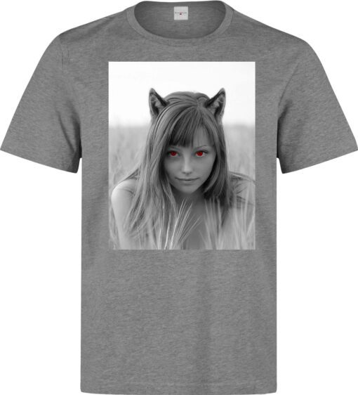 (Available In Women) High Quality Gray Red Men Eyed Wolf Art Girl Pictures T Shirt