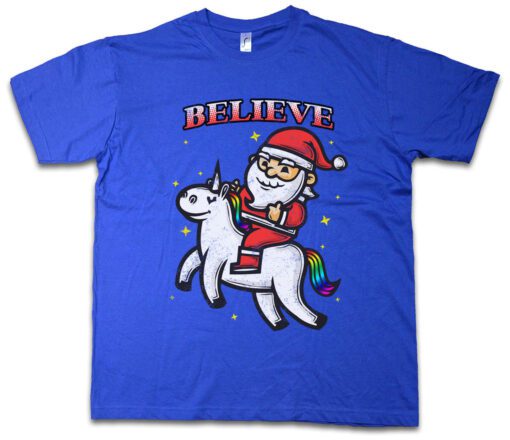 Believing Unicorn Santa Fun Rainbow Fairy Tale Princess Clause T Shirt